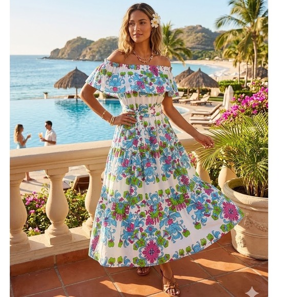 Fame Istanbul Dresses & Skirts - Fame Istanbul Floral Off Shoulder Maxi Dress White Blue Pink Green Tiered M